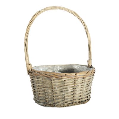 Oval Split Willow Basket With Handle and Liner - Grey Wash - Dia 32cm