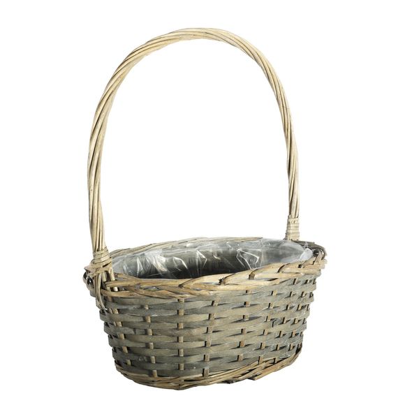 Oval Woodchip Basket With  Handle and  Liner - Grey Wash - Dia 32cm