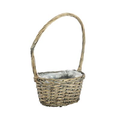 Oval Split  Willow Basket on Willow Frame  with Handle and Liner - Grey Wash - D