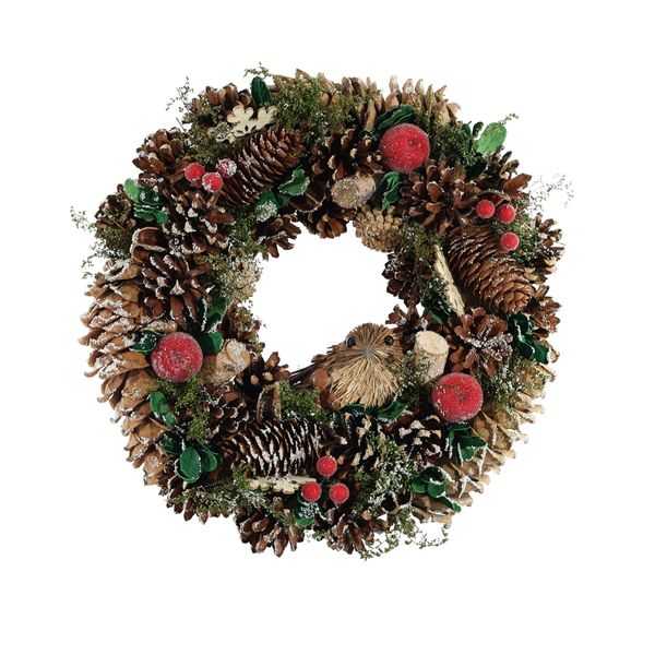 Xmas Wreath - Bird Cones & Red Frosted Apples  - 36cm 