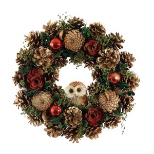 Xmas Wreath - Bird Cones & Metallic Baubles & Owl  - 36cm 