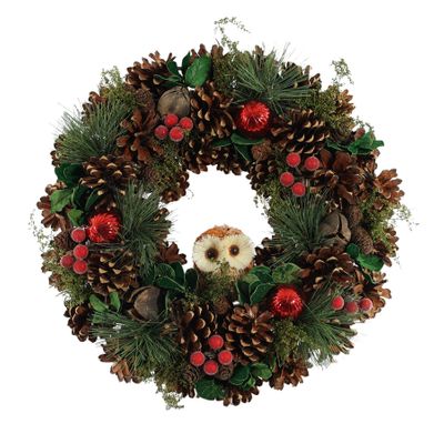 Xmas Wreath - Cones Red Baubles & Owl - 36cm