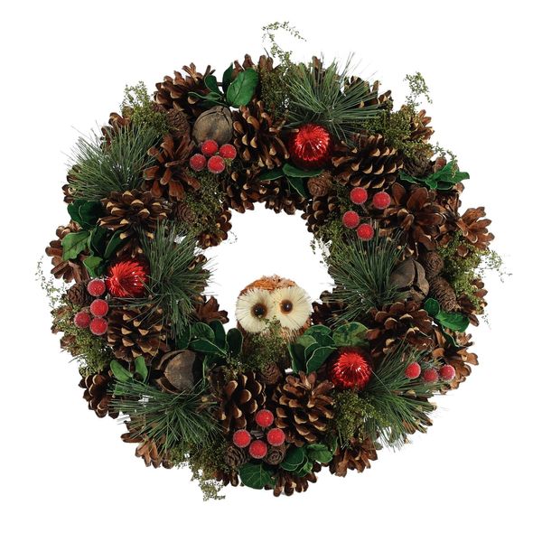 Xmas Wreath - Cones Red Baubles & Owl - 36cm