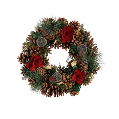 Xmas Wreath - Natural Cones  /Lotus Heads / Red Flower - 30cm