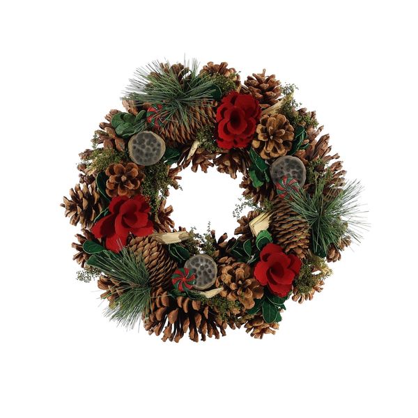 Xmas Wreath - Natural Cones  /Lotus Heads / Red Flower - 30cm