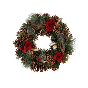 Xmas Wreath - Natural Cones  /Lotus Heads / Red Flower - 30cm