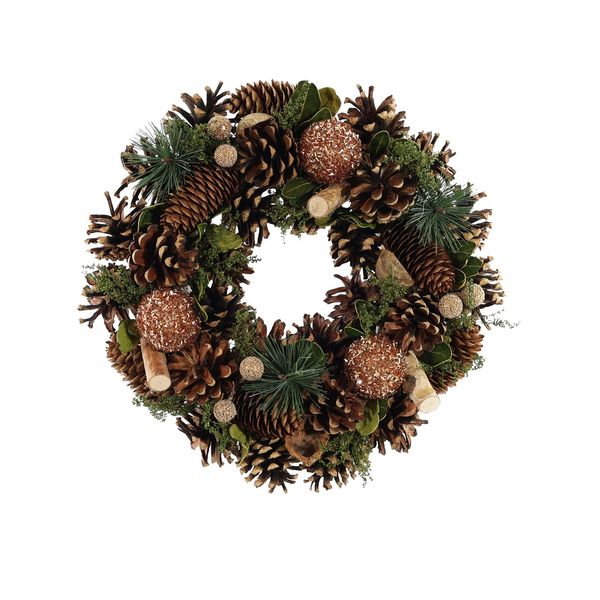 Xmas Wreath - Natural Cones & Gold Glitter Baubles - 30cm