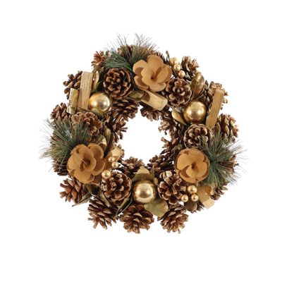 Xmas Wreath - Gold Tipped  Cones / Bauble / Natural Flower - 30cm