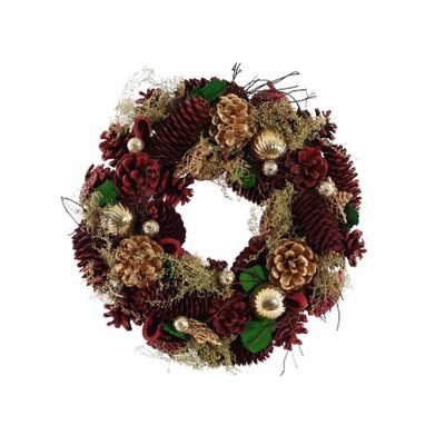Xmas Wreath - Burgundy Cones / Gold Baubles -30cm
