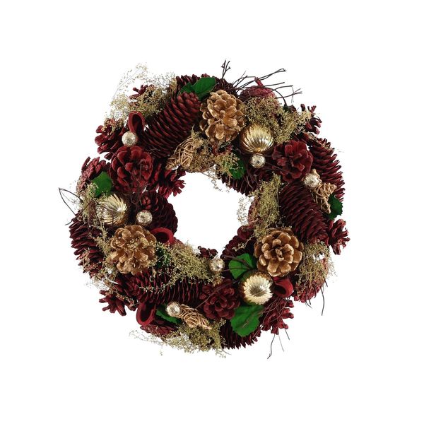 Xmas Wreath - Burgundy Cones / Gold Baubles -30cm