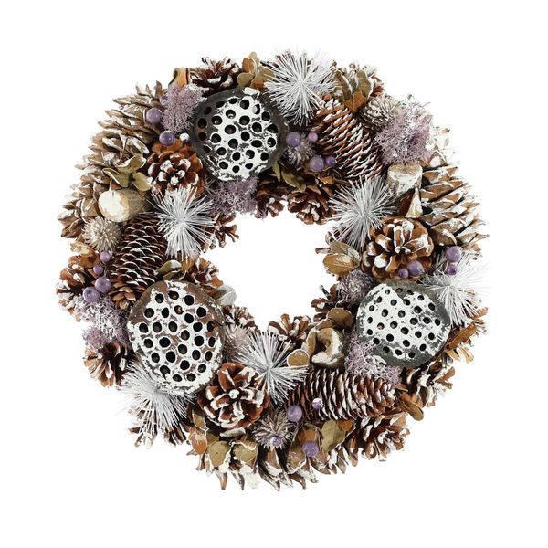 Xmas Wreath - Snowy Tipped Cones / Lotus Heads / - Lilac Moss- 36cm