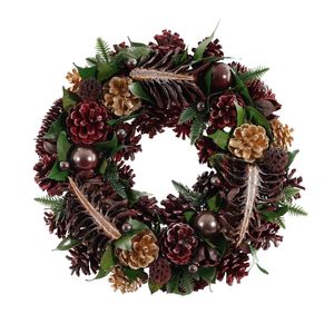 Xmas Wreath - Assorted Cones  / Leaves / Baubles - Burgundy / Gold -36cm