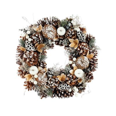 Xmas Wreath - Snowy Tipped Assorted Cones / White Frosted Apple - 36cm
