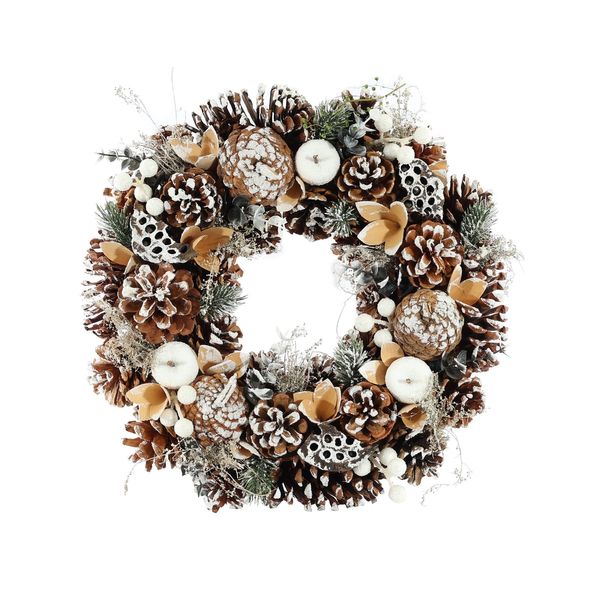 Xmas Wreath - Snowy Tipped Assorted Cones / White Frosted Apple - 36cm