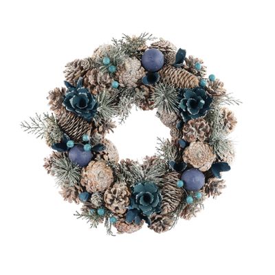 Xmas Wreath - Assorted Cones / Foliage / Baubles -Blue Tones - 36cm