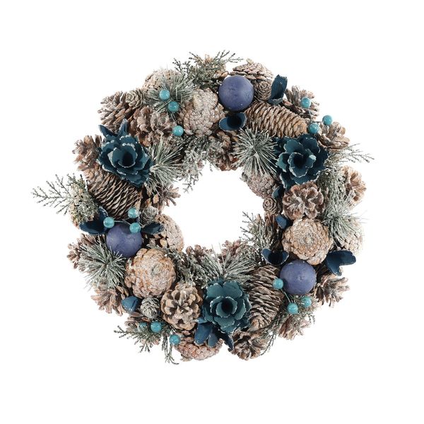 Xmas Wreath - Assorted Cones / Foliage / Baubles -Blue Tones - 36cm