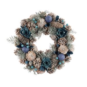 Xmas Wreath - Assorted Cones / Foliage / Baubles -Blue Tones - 36cm