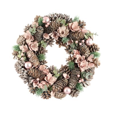 Xmas  Wreath - Assorted Cones / Baubles - Frosted  Pink - 36cm