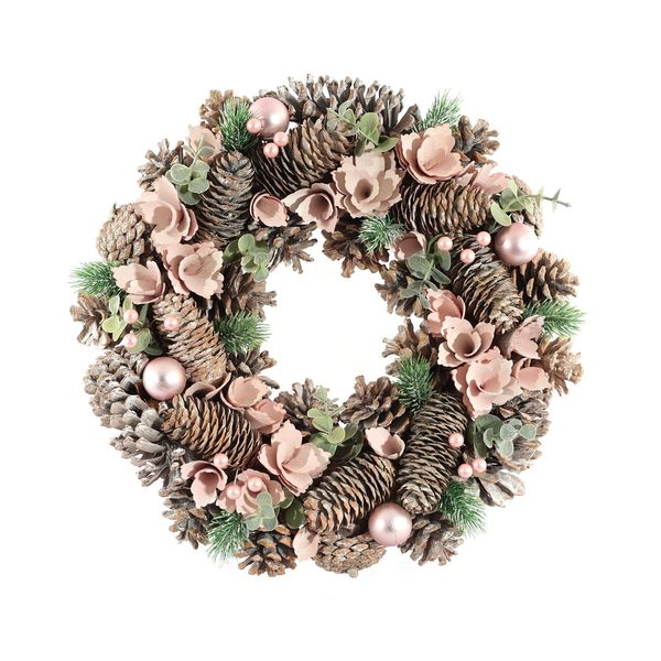Xmas  Wreath - Assorted Cones / Baubles - Frosted  Pink - 36cm