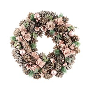 Xmas  Wreath - Assorted Cones / Baubles - Frosted  Pink - 36cm
