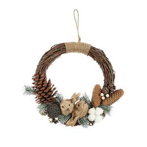 Half Wreath - Cones / 2 Sitting Birds - Natural - 36cm
