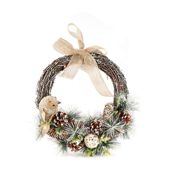 Xmas Half Wreath - Snowy Tipped Bird & Cones - Natural Ribbon Bow - 37cm