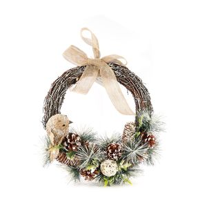 Xmas Half Wreath - Snowy Tipped Bird & Cones - Natural Ribbon Bow - 37cm