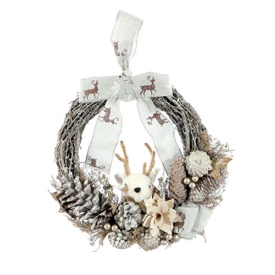 Xmas Half Wreath - Reindeer Head  with Reindeer Ribbon Bow - 36cm