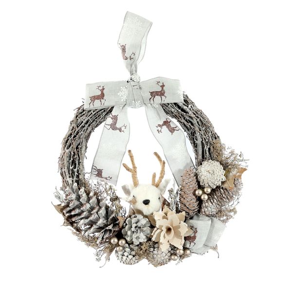 Xmas Half Wreath - Reindeer Head  with Reindeer Ribbon Bow - 36cm