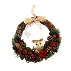 Xmas Half Wreath - Owl - Cones & Red Apples - Natural Bow - 36cm