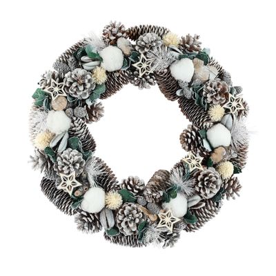 Xmas Wreath - White & Natural Cones & White Pom Poms  & Stars - 45cm