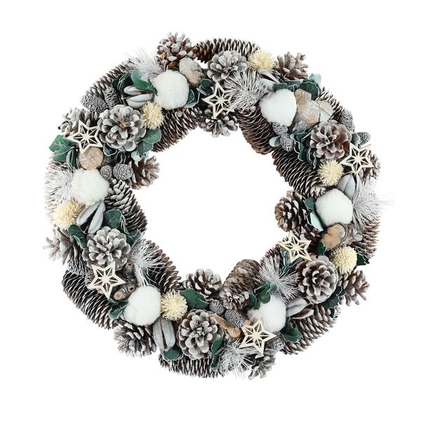 Xmas Wreath - White & Natural Cones & White Pom Poms  & Stars - 45cm