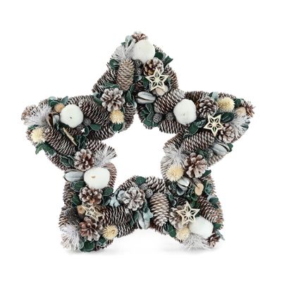 Xmas Star Wreath - White & Natural Cones / White Pom Poms & Stars - 45cm