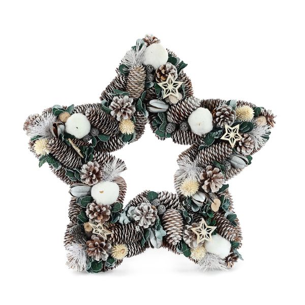 Xmas Star Wreath - White & Natural Cones / White Pom Poms & Stars - 45cm
