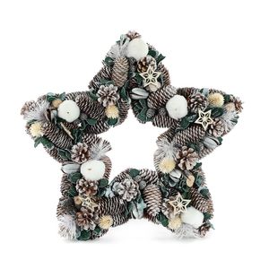 Xmas Star Wreath - White & Natural Cones / White Pom Poms & Stars - 45cm