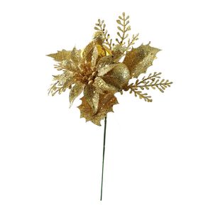 Glitter Poinsettia / Berry & Bauble Pick - Gold - 24cm
