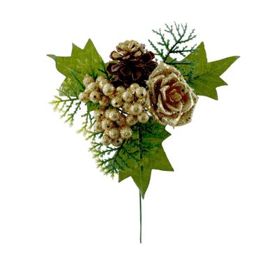 Glitter Berry /Cone with Green Leaf Pick - Gold - 18cm