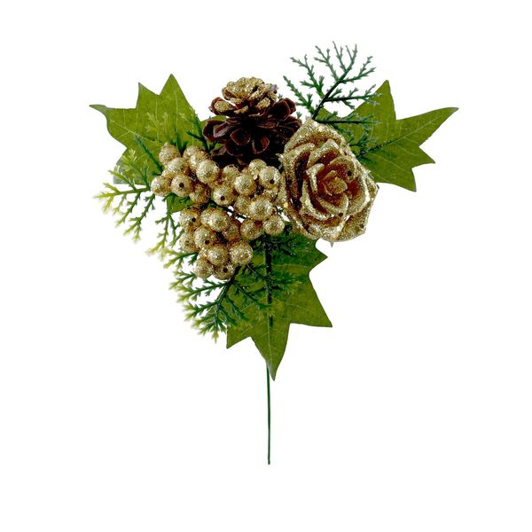 Glitter Berry /Cone with Green Leaf Pick - Gold - 18cm