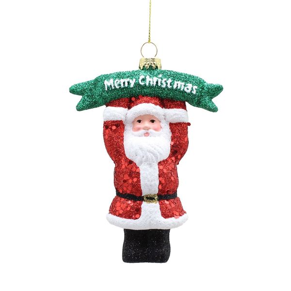 Sparkly Santa with Plaque Ornament - 11cm