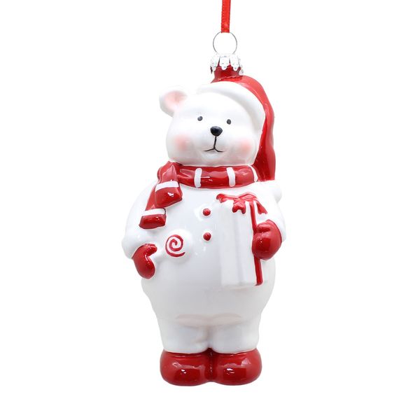 Bear with Gift Ornament - Red/White - 13cm