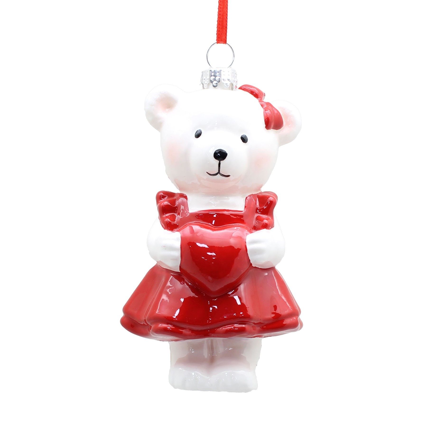 Teddy Bear holding Heart Ornament - Red/White - 11cm