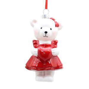 Teddy Bear holding Heart Ornament - Red/White - 11cm