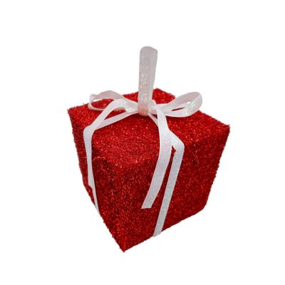 Sparkly Present with White Bow Hanging Decoration - Red - 12cm