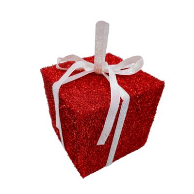 Sparkly Present with White Bow Hanging Decoration - Red - 15cm