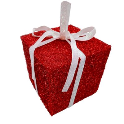 Sparkly Present with White Bow Hanging Decoration - Red - 20cm