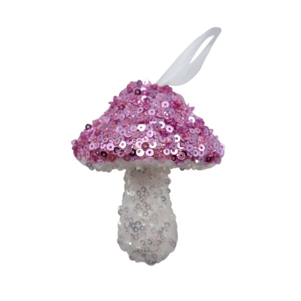 Sequin Mushroom Hanging Decoration - Pink/White - 9cm