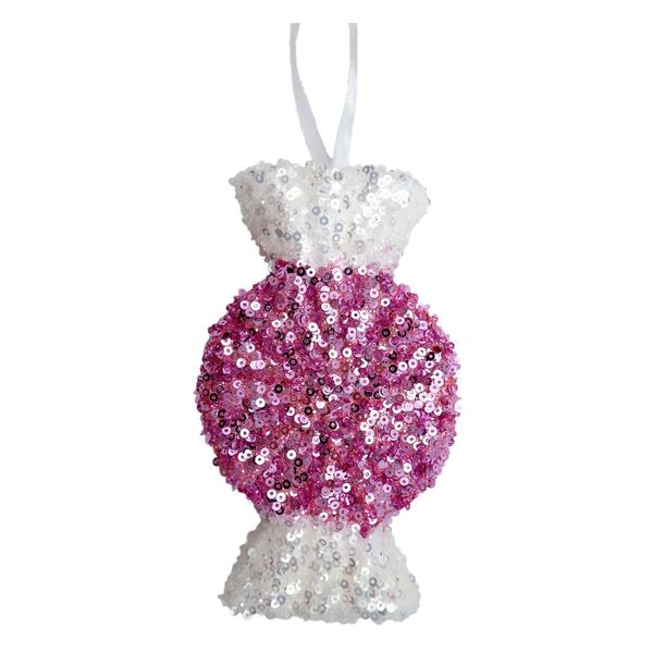 Sequin Round Candy Hanging Decoration - Pink/White - 15cm