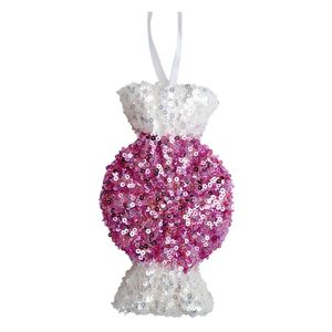 Sequin Round Candy Hanging Decoration - Pink/White - 15cm