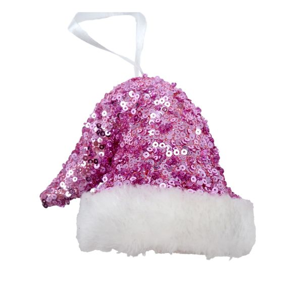 Sequin Hat Hanging Decoration - Pink/White - 8cm