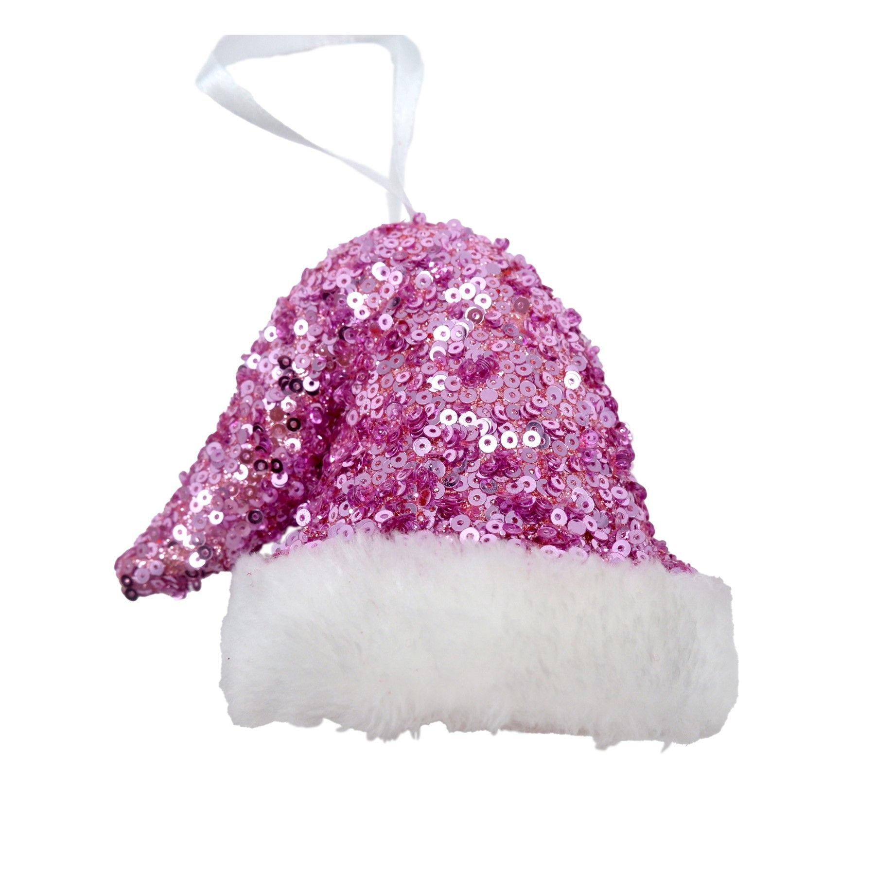 Sequin Hat Hanging Decoration - Pink/White - 8cm